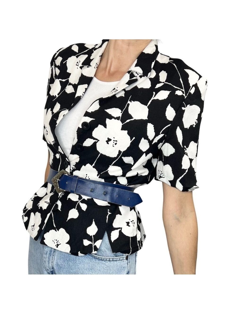 Vintage D Oraz black white floral short sleeve jacket blazer 8
